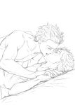  2boys archer blue_hair blush boy_on_top closed_eyes cu_chulainn_(fate)_(all) fate/stay_night fate_(series) greyscale highres kiss lancer lower_teeth male_focus mondi_hl monochrome multiple_boys ponytail short_hair simple_background sketch tongue upper_body white_background yaoi 