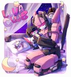  1girl crescent decepticon holding holding_stuffed_toy kyarara_renan looking_down lunaclub mecha night night_sky on_bed pillow pink_eyes seiza sitting sky solo star_(sky) star_(symbol) starry_sky starscream stuffed_toy transformers visor 