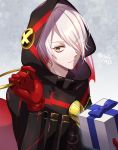  1boy black_coat box coat colored_skin eyeshadow fate/grand_order fate_(series) gift gift_box gift_wrapping gloves green_eyes hair_over_one_eye highres holding holding_gift hood hood_up karna_(santa)_(fate) looking_to_the_side makeup male_focus red_gloves ryofuhiko short_hair solo tsurime upper_body white_hair white_skin 