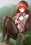  1girl bangs blazer blue_eyes blush breasts collared_shirt couch eyebrows_behind_hair food highres holding holding_spoon jacket leggings long_hair makise_kurisu medium_breasts necktie off_shoulder pudding red_neckwear shirt sitting solo spoon steins;gate utensil_in_mouth yk_(pixiv43531291) 