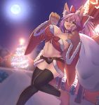  1girl @_@ animal_ear_fluff animal_ears bell bell_collar black_legwear breasts cat_paws christmas christmas_lights christmas_ornaments christmas_tree cleavage collar eyebrows_visible_through_hair fang fate/grand_order fate_(series) fox_ears fox_girl fox_tail full_moon fur-trimmed_headwear fur_trim gloves groin hair_ribbon hat highres jifuwabe jingle_bell large_breasts looking_at_viewer midriff moon navel one_eye_closed outdoors paw_gloves paw_shoes paws ponytail red_ribbon ribbon santa_bra santa_hat shoes snow solo tail tamamo_(fate)_(all) tamamo_cat_(fate) 