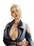  1girl absurdres backlighting blonde_hair blue_eyes booger_wang breasts cleavage clothing_cutout commentary_request detached_sleeves earrings forehead hair_bun hair_over_one_eye head_tilt highres huge_breasts jewelry lips lipstick looking_at_viewer makeup mature_(kof) necklace no_bra nose short_hair shoulder_cutout solo the_king_of_fighters updo white_background 