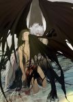  2boys absurdres angel angel_wings black_hair black_nails blood blood_from_mouth blood_on_face blood_on_leg blue_eyes child closed_eyes convenient_censoring demon_boy demon_tail demon_wings digitigrade feathered_wings fingernails full_body gon_freecss highres hunter_x_hunter k.g_(matsumoto_zo) killua_zoldyck long_hair looking_at_viewer male_focus messy_hair monsterification multiple_boys nude pale_skin sharp_fingernails sharp_toenails short_hair silver_hair skinny spread_wings tail talons toenails water white_hair wings 