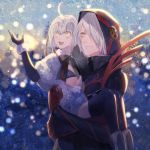  1boy 1girl ahoge alternate_skin_color black_coat bow bowtie carrying child coat eyeshadow fate/grand_order fate_(series) gloves green_eyes hair_over_one_eye highres hood hood_up jeanne_d&#039;arc_(fate)_(all) jeanne_d&#039;arc_alter_santa_lily karna_(fate) karna_(santa)_(fate) looking_up makeup male_focus princess_carry red_gloves sad_adrian short_hair smile snowing tsurime white_hair 