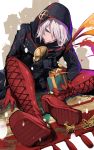  1boy black_coat boots box coat colored_skin cross-laced_footwear eyeshadow fate/grand_order fate_(series) feet foreshortening full_body gift gift_box gloves green_eyes hair_over_one_eye highres hirai_yuzuki holding holding_gift hood hood_up karna_(santa)_(fate) lace-up_boots leaning_forward makeup male_focus red_footwear red_gloves reindeer short_hair sitting solo thigh_boots thighhighs tsurime white_hair white_skin 