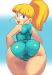  1girl ass ass_focus bangs bent_over blonde_hair blue_eyes blue_swimsuit blunt_bangs blush breasts highres looking_at_viewer one-piece_swimsuit open_mouth pepipopo rockman roll_(rockman) solo swimsuit 