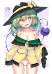  1girl :d ? absurdres ass_visible_through_thighs bare_shoulders black_headwear blush border bow breasts cleavage collarbone commentary_request frilled_sleeves frills green_eyes green_hair hat hat_bow head_tilt highres koishi_day komeiji_koishi kushidama_minaka medium_breasts medium_hair off-shoulder_shirt off_shoulder open_mouth panties ribbon shirt sleeves_past_wrists smile solo third_eye touhou underwear wavy_hair white_border white_panties wide_sleeves yellow_bow yellow_ribbon yellow_shirt 