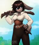  2018 abluedeer anthro blue_eyes breasts brown_body brown_fur brown_hair clothed clothing cloud female fur hair hi_res lagomorph leporid mammal outside plant rabbit solo stick tree 