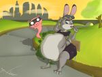  2020 afraart after_vore anthro belly big_belly breasts digestion disney domestic_pig duo eyewear female fur ghost grey_body grey_fur hi_res judy_hopps lagomorph leporid mammal outside overweight rabbit simple_background sitting spirit suid suina sunglasses sus_(pig) thick_thighs vore zootopia 