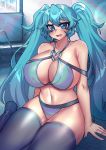  1girl absurdres alternate_breast_size bikini blue_bikini blue_eyes blue_hair blue_legwear breasts cleavage curvy eyebrows eyebrows_visible_through_hair fang fang_out hatsune_miku heart_ring highres huge_breasts navel osiimi pool poolside sitting swimsuit thighhighs thighs twintails vocaloid 