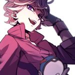  1boy absurdres bangs bede_(pokemon) blonde_hair blurry coat commentary_request curly_hair great_ball highres holding holding_poke_ball male_focus nakamura_mikoto open_mouth poke_ball pokemon pokemon_(game) pokemon_swsh popped_collar purple_coat purple_eyes short_hair smile solo teeth tongue white_background 