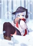  1girl anchor_symbol black_headwear black_legwear black_skirt blue_eyes blush brown_footwear earmuffs flat_cap hair_between_eyes hat hibiki_(kantai_collection) kantai_collection long_hair long_sleeves mittens neckerchief pleated_skirt red_neckwear red_scarf reitou_mikan scarf school_uniform serafuku shoes silver_hair skirt snow solo thighhighs 