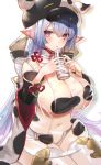  1girl animal_costume animal_ears animal_print blush bottle breasts cleavage cow_costume cow_ears cow_girl cow_hat cow_hood cow_horns cow_print doushite draph ear_piercing granblue_fantasy highres horns huge_breasts large_breasts long_hair looking_at_viewer micro_shorts milk_bottle piercing shatola_(granblue_fantasy) sheer_clothes shorts solo white_shorts 