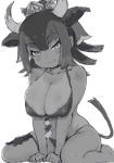  1girl animal_ears areola_slip areolae bangs barefoot bikini breasts chibi choker cleavage closed_mouth collarbone commentary_request covered_nipples crown extra_ears eyebrows_visible_through_hair full_body goshingyu-sama_(kemono_friends) greyscale highres horizontal_pupils horns kemono_friends kemono_friends_3 large_breasts leaning_forward looking_at_viewer masuyama_ryou medium_hair monochrome ox_ears ox_girl ox_horns shide sidelocks sitting smile solo stomach swimsuit tail tan tanline tsurime v_arms wet 