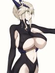 1girl akatsuki_ikki armpit_cutout artoria_pendragon_(all) artoria_pendragon_(lancer_alter) bangs black_bodysuit blonde_hair bodysuit braid breasts center_opening clothing_cutout fate/grand_order fate_(series) french_braid highres horns large_breasts long_hair long_sleeves navel revealing_clothes ribbed_bodysuit sidelocks simple_background underboob white_background yellow_eyes 
