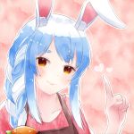  akesato animal_ears apron blue_hair braid bunny_ears carrot carrot_hair_ornament collarbone food_themed_hair_ornament gradient_hair hair_ornament heart highres hololive index_finger_raised multicolored_hair pekomama rabbit_girl short_eyebrows simple_background smile tareme traditional_media upper_body watercolor_(medium) yellow_eyes 