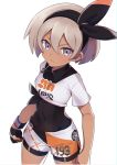  1girl bangs bea_(pokemon) black_bodysuit black_gloves black_hairband blonde_hair bodysuit bodysuit_under_clothes bow_hairband clenched_hand collared_shirt commentary_request covered_navel dynamax_band eyelashes gloves grey_eyes gym_leader hair_between_eyes hairband highres number partially_fingerless_gloves pokemon pokemon_(game) pokemon_swsh print_shirt print_shorts revision shimoanz shirt short_hair short_sleeves shorts side_slit side_slit_shorts solo tied_shirt 