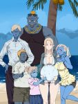  3boys 3girls absurdres beach blonde_hair blue_eyes blue_skin breasts cleavage colored_skin day dress elf expressionless family female_orc glasses highres long_hair looking_at_viewer mikazukisou multiple_boys multiple_girls ocean orc original outdoors pants pointy_ears pregnant red_eyes shirt shore sky smile tropical tusks v water 