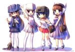  4girls :o black_skirt blue_eyes brown_eyes decepticon dress earphones finger_gun genderswap genderswap_(mtf) glasses helmet kyarara_renan long_hair looking_at_viewer medium_hair megatron multiple_girls personification pink_dress q-transformers red_eyes shockwave_(transformers) skirt soundwave starscream thighhighs transformers tube_socks very_long_hair waving white_background white_dress yellow_eyes younger 