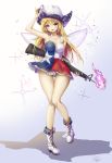  1girl american_flag_dress arm_up ass_visible_through_thighs bare_arms bare_shoulders blonde_hair blue_background boots breasts clownpiece cowboy_hat dress fairy_wings fii_fii_(feefeeowo) fire full_body gradient gradient_background gun hat highres long_hair looking_at_viewer medium_breasts polka_dot red_eyes rifle short_dress smile solo thigh_strap thighs touhou weapon white_background white_footwear white_headwear wings 