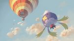  3_(qqo0g) aircraft artist_name cloud day drifblim flying from_below gen_4_pokemon hot_air_balloon no_humans outdoors pokemon pokemon_(creature) red_eyes sky solo watermark 