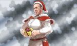  1boy apron billy_herrington box capelet christmas cosplay crossdressing gachimuchi gift gift_box grin hat hexagon hip_vent holding holding_gift jingei_(kantai_collection) jingei_(kantai_collection)_(cosplay) kantai_collection long_sleeves male_focus matsutani one_eye_closed santa_costume santa_hat simple_background smile solo waist_apron white_apron 