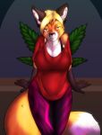  anthro blonde_hair bra_strap breasts canid canine cleavage clothed clothing dipstick_tail female fox fur hair half-closed_eyes mammal multicolored_tail narrowed_eyes orange_body orange_fur plant solo turnsky 