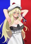  1girl absurdres armband armpits arms_behind_head artist_name beret blonde_hair blue_eyes breasts c-da cleavage commentary_request cowboy_shot dated dress flag_background french_flag hair_between_eyes hat highres kantai_collection large_breasts long_hair looking_at_viewer mole mole_under_eye mole_under_mouth pom_pom_(clothes) richelieu_(kantai_collection) solo strapless strapless_dress two-tone_dress white_headwear 