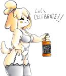  alcohol animal_crossing anthro beverage bottle bra canid canine canis clothing colored domestic_dog eyes_closed female garter_belt garter_straps hand_on_hip hi_res holding_object isabelle_(animal_crossing) legwear lingerie mammal nintendo panthera_cantus smile solo thigh_highs underwear video_games wide_hips 