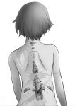  1girl android back boushi-ya character_request commentary_request from_behind greyscale kantai_collection mechanical_parts monochrome nude scar scar_on_arm short_hair simple_background solo upper_body 