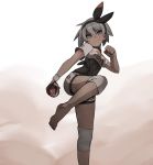  1girl barefoot bea_(pokemon) blue_eyes bodysuit bodysuit_under_clothes bow_hairband clenched_hand closed_mouth dynamax_band gloves grey_hair gym_leader hair_between_eyes hairband holding holding_poke_ball jourd4n knee_pads leg_up partially_fingerless_gloves poke_ball pokemon pokemon_(game) pokemon_swsh print_shirt shirt short_hair short_sleeves simple_background single_glove smile solo sweat tied_shirt 