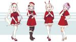  4girls :d absurdres alternate_costume animal_ears ayanami_(azur_lane) azur_lane bangs bare_shoulders black_footwear black_legwear blue_eyes boots bow bowtie brown_footwear brown_hair bunny_ears christmas commentary_request dress eyebrows_visible_through_hair fake_animal_ears full_body green_eyes hair_between_eyes hair_bow hair_ornament hair_ribbon hairclip hat headgear highres iron_cross javelin_(azur_lane) knee_boots kneehighs laffey_(azur_lane) long_hair looking_at_viewer mary_janes multiple_girls off-shoulder_dress off_shoulder open_mouth orange_eyes own_hands_together pantyhose ping_zhong_yu ponytail purple_hair red_dress red_eyes red_footwear retrofit_(azur_lane) ribbon shoes short_hair silver_hair simple_background smile thighhighs twintails two-tone_background white_hair white_legwear z23_(azur_lane) zettai_ryouiki 