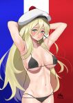  1girl absurdres arms_behind_head artist_name beret bikini black_bikini blonde_hair blue_eyes breasts c-da cleavage commentary_request cowboy_shot dated dress flag_background french_flag hair_between_eyes hat highres kantai_collection large_breasts long_hair looking_at_viewer mole mole_under_eye mole_under_mouth pom_pom_(clothes) richelieu_(kantai_collection) solo strapless sweat swimsuit untied untied_bikini white_headwear 