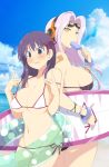  2girls bikini blush breasts fate/hollow_ataraxia fate_(series) huge_breasts matou_sakura multiple_girls purple_eyes purple_hair rider swimsuit yaegashi_nan 