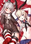  2girls amatsukaze_(kantai_collection) black_dress black_neckwear black_panties blonde_hair blue_sailor_collar blue_skirt blush brown_eyes closed_mouth collarbone crop_top dress elbow_gloves eyebrows_visible_through_hair gloves grey_eyes hair_between_eyes hair_tubes highleg highleg_panties kantai_collection long_hair long_sleeves miniskirt multiple_girls navel neckerchief open_mouth panties pleated_skirt red_legwear sailor_collar sailor_dress shimakaze_(kantai_collection) silver_hair skirt sleeveless symbol_commentary takanashi_kei_(hitsujikan) thighhighs two_side_up underwear white_gloves white_sailor_collar windsock 