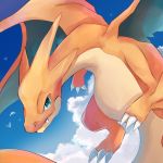  bird charizard claws closed_mouth cloud commentary_request day fang fang_out flying gen_1_pokemon goma_(nabepa_nabepa) green_eyes highres mega_charizard_y mega_pokemon no_humans outdoors pokemon pokemon_(creature) sky solo 
