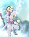 blizzard_entertainment blonde_hair bovid bovine breasts cainethelongshot chasie chasie_winterhoof clothed clothing crown fir hair hi_res hooves ice magic mammal nipples nude outside snow staff tauren topless video_games warcraft wreath 