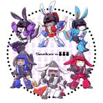  6+boys :o ^_^ absurdres airplane_wing animal_ears bunny_ears chibi clenched_hands closed_eyes decepticon dirge_(transformers) hand_on_hip highres kemonomimi_mode kyarara_renan mecha multiple_boys no_humans open_hand open_mouth ramjet red_eyes skywarp smirk starscream thrust thundercracker transformers yellow_eyes 
