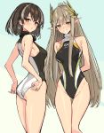  2girls alternate_costume arknights arms_behind_back black_swimsuit blush breasts brown_hair covered_navel cowboy_shot earrings eyebrows_visible_through_hair facing_away feathers gradient gradient_background groin hair_feathers highres jewelry long_hair looking_at_viewer magallan_(arknights) medium_breasts muelsyse_(arknights) multicolored_hair multiple_girls open_mouth pointy_ears rhine_lab_logo short_hair sigm@ smile streaked_hair swimsuit teeth very_long_hair yellow_eyes 