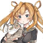  1girl abukuma_(kantai_collection) bangs black_gloves black_jacket blonde_hair blue_eyes cat commentary_request double_bun gloves grey_sailor_collar grey_skirt hair_between_eyes hair_rings jacket kantai_collection long_hair partially_fingerless_gloves remodel_(kantai_collection) sagor942014 sailor_collar school_uniform serafuku short_sleeves simple_background skirt solo upper_body white_background 