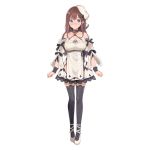  1girl asahina_meiro bare_shoulders black_legwear blue_eyes blush breasts brown_hair cleavage collarbone detached_sleeves emoechi_pro full_body hat highres long_hair looking_at_viewer official_art solo thighhighs virtual_youtuber white_background white_footwear 