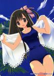  :d absurdres brown_eyes brown_hair cloud copyright_request day dutch_angle hair_ribbon highres long_hair one-piece_swimsuit open_mouth ribbon school_swimsuit side_ponytail sky smile solo swimsuit takanae_kyourin towel 