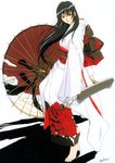  bandage barefoot black_hair flower horibe_hiderou japanese_clothes kimono lipstick obi red_eyes shadow simple_background smile solo sword umbrella weapon 