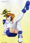  blue_eyes brown_hair mahou_shoujo_lyrical_nanoha mahou_shoujo_lyrical_nanoha_strikers okuda_yasuhiro open_mouth pantsu raising_heart solo takamachi_nanoha thigh-highs uniform 