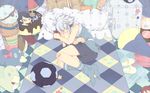  1boy bed cake eyes_closed feet flat_color food footwear full_body inazuma_eleven inazuma_eleven_(series) lots_of_laugh lots_of_laugh_(vocaloid) lying male male_focus on_side pale_color pastry pillow rolled_sleeves short_hair shorts sleeves_rolled_up socks solo stuffed_animal stuffed_toy suzuno_fuusuke vocaloid white_hair 