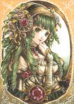  absurdres chin_rest choker curly_hair green_eyes green_glass green_hair hair_ornament jewel jewelry lipstick long_hair nail_polish nao_tsukiji pearls portrait victorian 