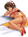  :d areola_slip areolae armband ass bandeau bracelet breasts brown_eyes brown_hair choker dark_skin earrings jewelry large_breasts legs lying necklace nipple_slip nipples on_side open_mouth panties panty_pull ponytail sarong sekaiju_no_meikyuu shilleka smile solo strapless tenro_aya thighs tubetop underboob underwear yellow_sarong 