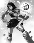  1girl alternate_costume android black_hair black_skirt breasts copyright_name crossover dagger dual_wielding english_commentary floating_hair gally gloves grey_gloves greyscale gunnm highres holding holding_dagger holding_weapon kimetsu_no_yaiba leadapprentice logo_parody mechanical_arms mechanical_legs medium_breasts monochrome short_hair skirt smile solo weapon 