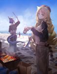 3girls alcohol animal_ears arknights barbecue beer beer_can blonde_hair blue_hair can ch&#039;en_(arknights) dragon_tail drill_hair food green_eyes grill grilling highres holding holding_can horns hoshiguma_(arknights) looking_at_viewer miyabino_(miyabi1616) multiple_girls outdoors smile sunglasses swire_(arknights) tail tiger_ears tiger_tail tongs twin_drills 