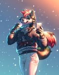  anthro bottomwear canid canine canis christmas christmas_clothing clothed clothing fur glass green_eyes hi_res holidays lukiri male mammal pants phone reilukah snow solo wolf young 